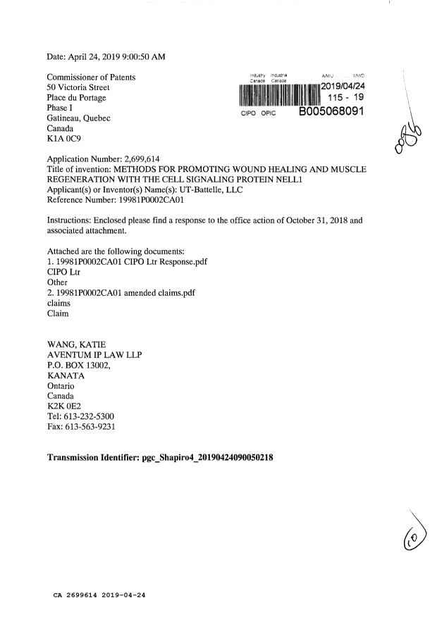 Document de brevet canadien 2699614. Modification 20190424. Image 1 de 10