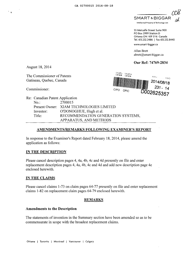 Document de brevet canadien 2700015. Poursuite-Amendment 20140818. Image 1 de 30