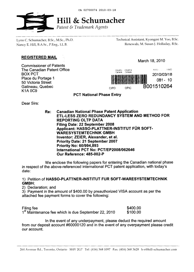Canadian Patent Document 2700074. Assignment 20091218. Image 1 of 7