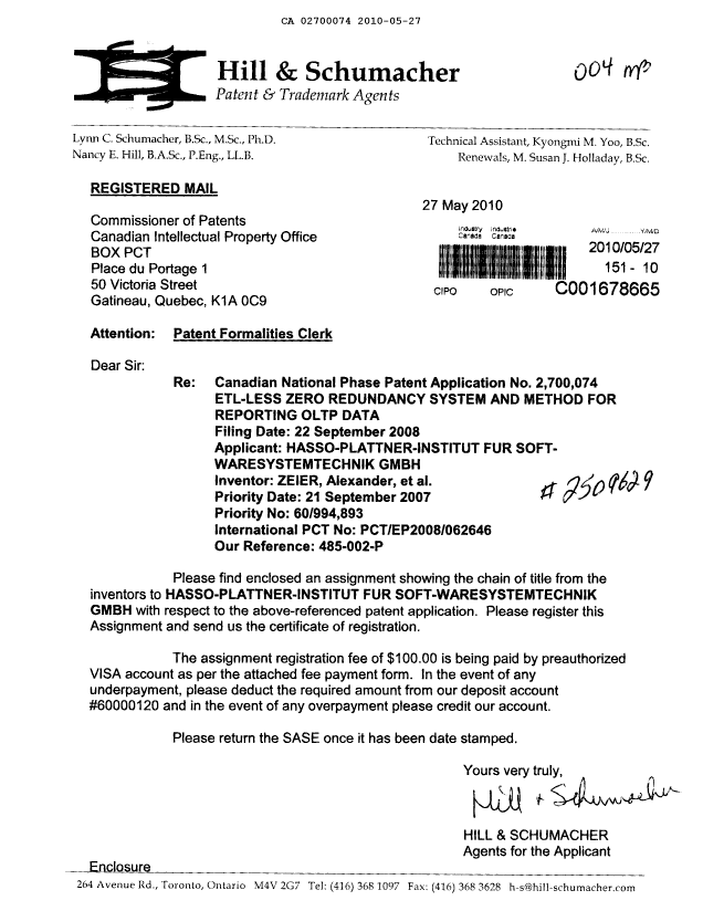 Canadian Patent Document 2700074. Assignment 20091227. Image 1 of 5