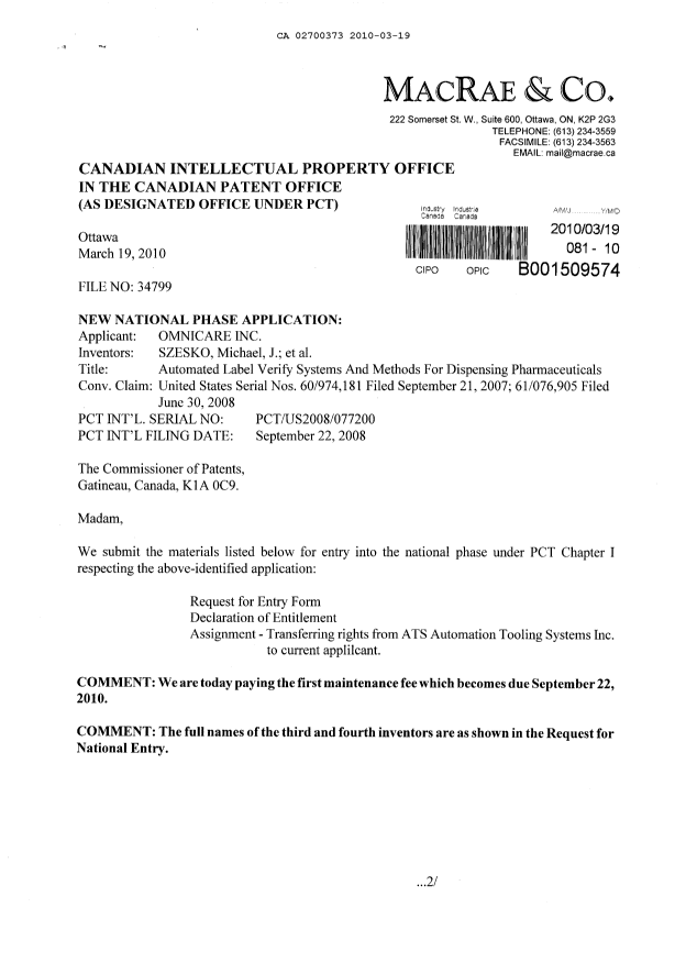 Canadian Patent Document 2700373. Assignment 20100319. Image 1 of 7