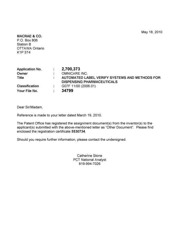 Document de brevet canadien 2700373. Correspondance 20100518. Image 1 de 1