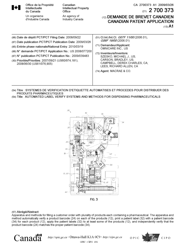 Document de brevet canadien 2700373. Page couverture 20100601. Image 1 de 1