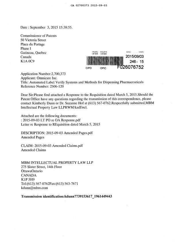 Document de brevet canadien 2700373. Poursuite-Amendment 20150903. Image 1 de 18