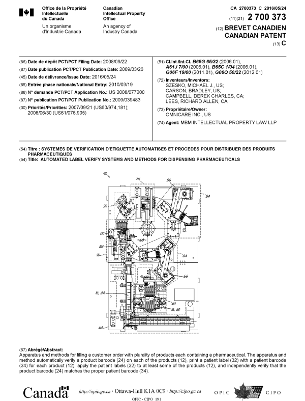 Document de brevet canadien 2700373. Page couverture 20160405. Image 1 de 1