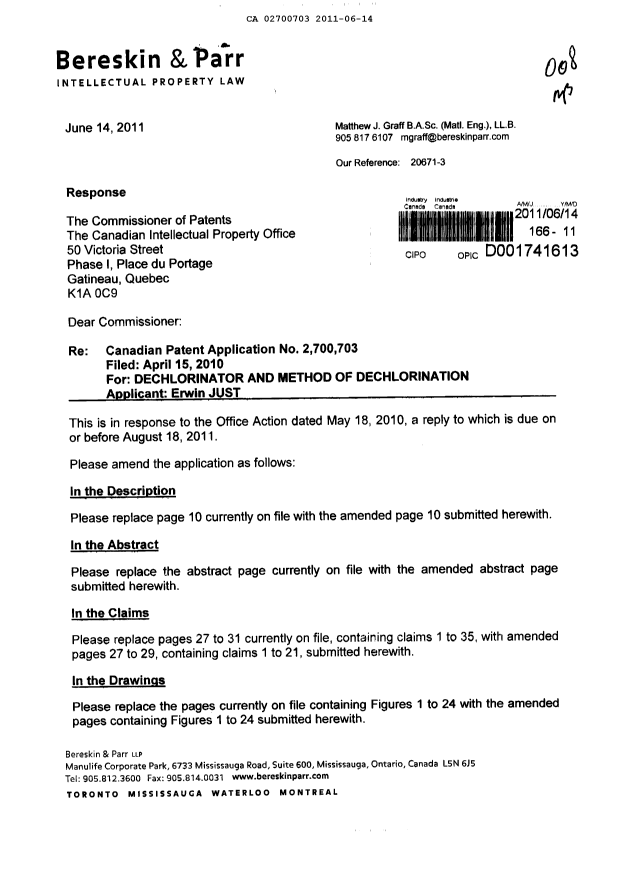 Canadian Patent Document 2700703. Prosecution-Amendment 20101214. Image 1 of 37