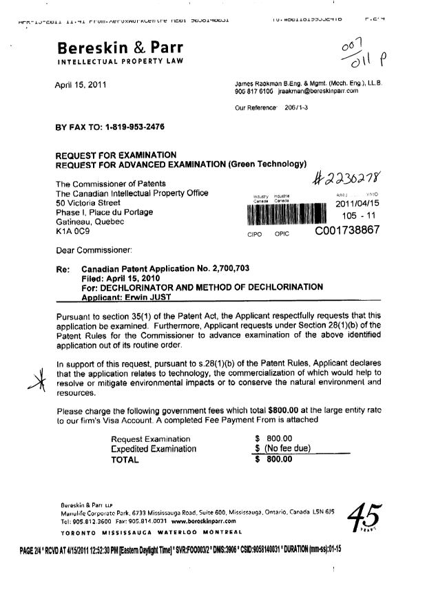 Canadian Patent Document 2700703. Prosecution-Amendment 20101215. Image 1 of 2