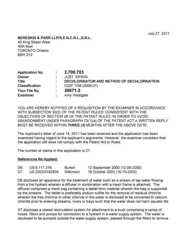 Canadian Patent Document 2700703. Prosecution-Amendment 20101227. Image 1 of 2