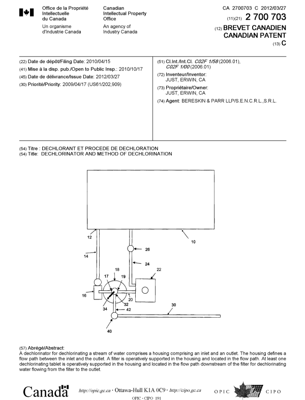 Document de brevet canadien 2700703. Page couverture 20111229. Image 1 de 1