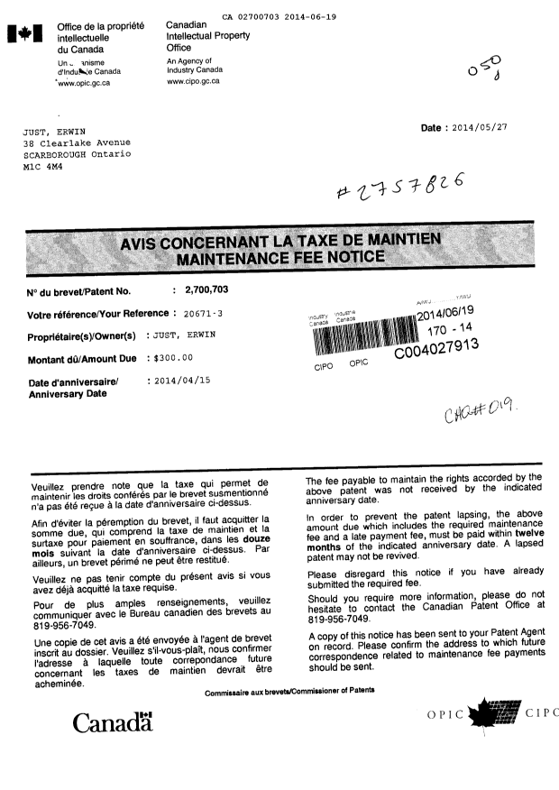 Document de brevet canadien 2700703. Taxes 20131219. Image 1 de 1