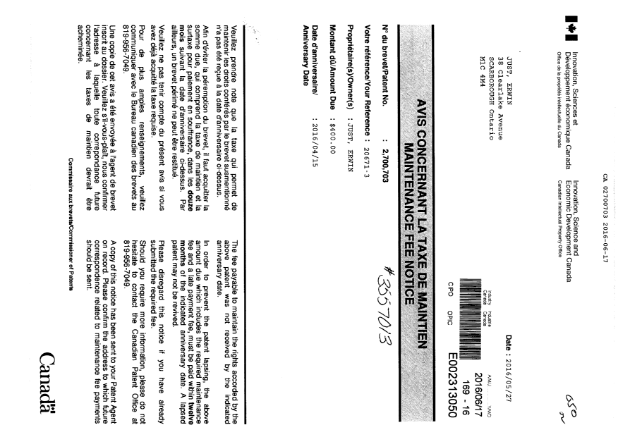 Document de brevet canadien 2700703. Taxes 20151217. Image 1 de 1