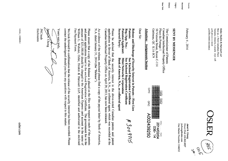 Canadian Patent Document 2700798. Assignment 20140204. Image 1 of 19