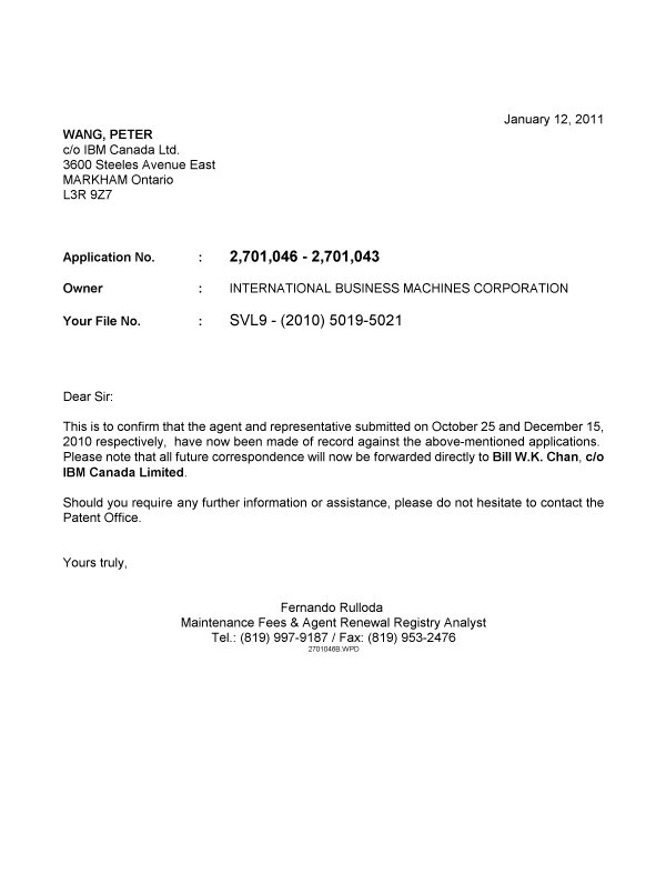 Document de brevet canadien 2701046. Correspondance 20110112. Image 1 de 1