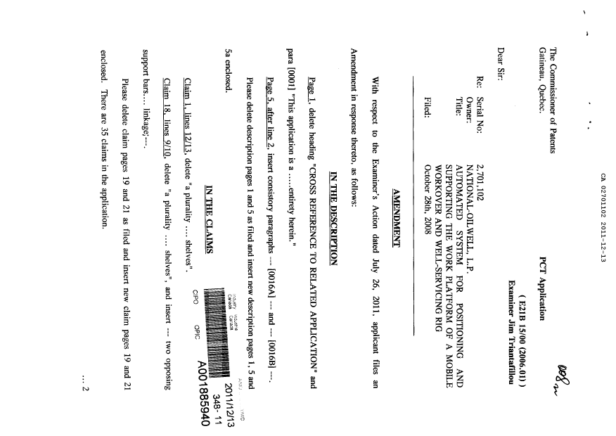 Canadian Patent Document 2701102. Prosecution-Amendment 20111213. Image 1 of 7