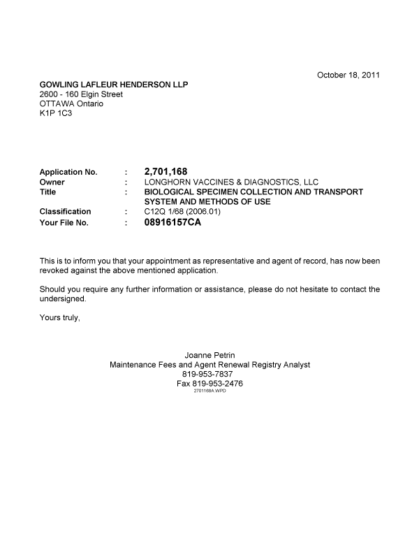 Document de brevet canadien 2701168. Correspondance 20111018. Image 1 de 1