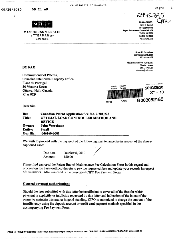 Canadian Patent Document 2701222. Fees 20091228. Image 1 of 3