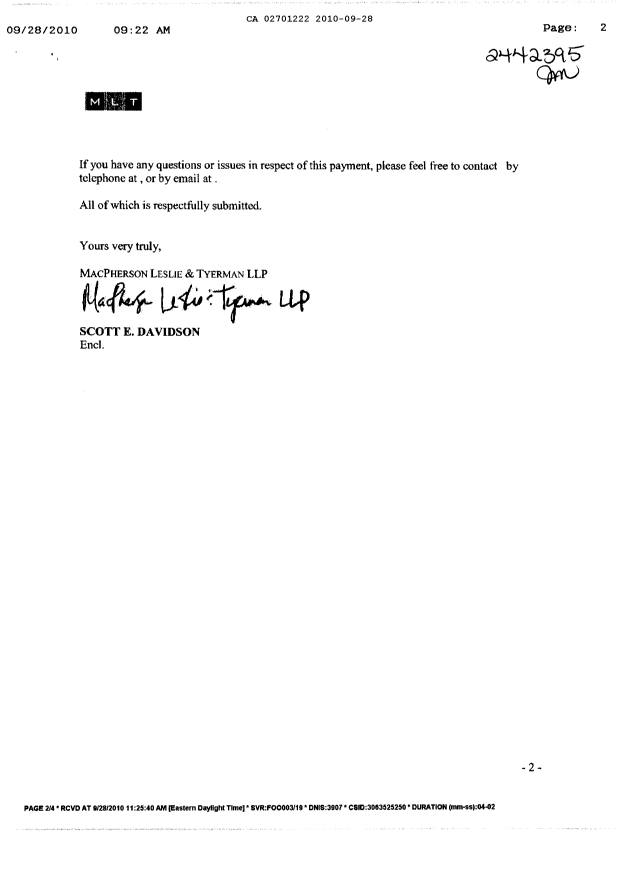 Canadian Patent Document 2701222. Fees 20091228. Image 2 of 3
