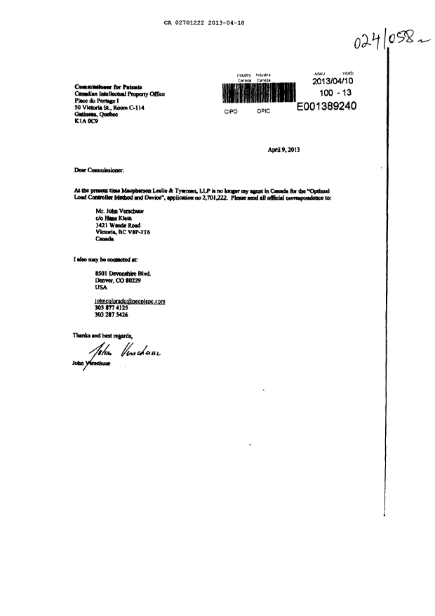 Document de brevet canadien 2701222. Correspondance 20121210. Image 1 de 1