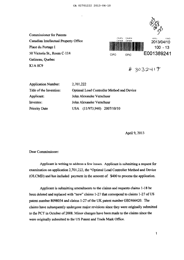 Canadian Patent Document 2701222. Prosecution-Amendment 20121210. Image 1 of 14