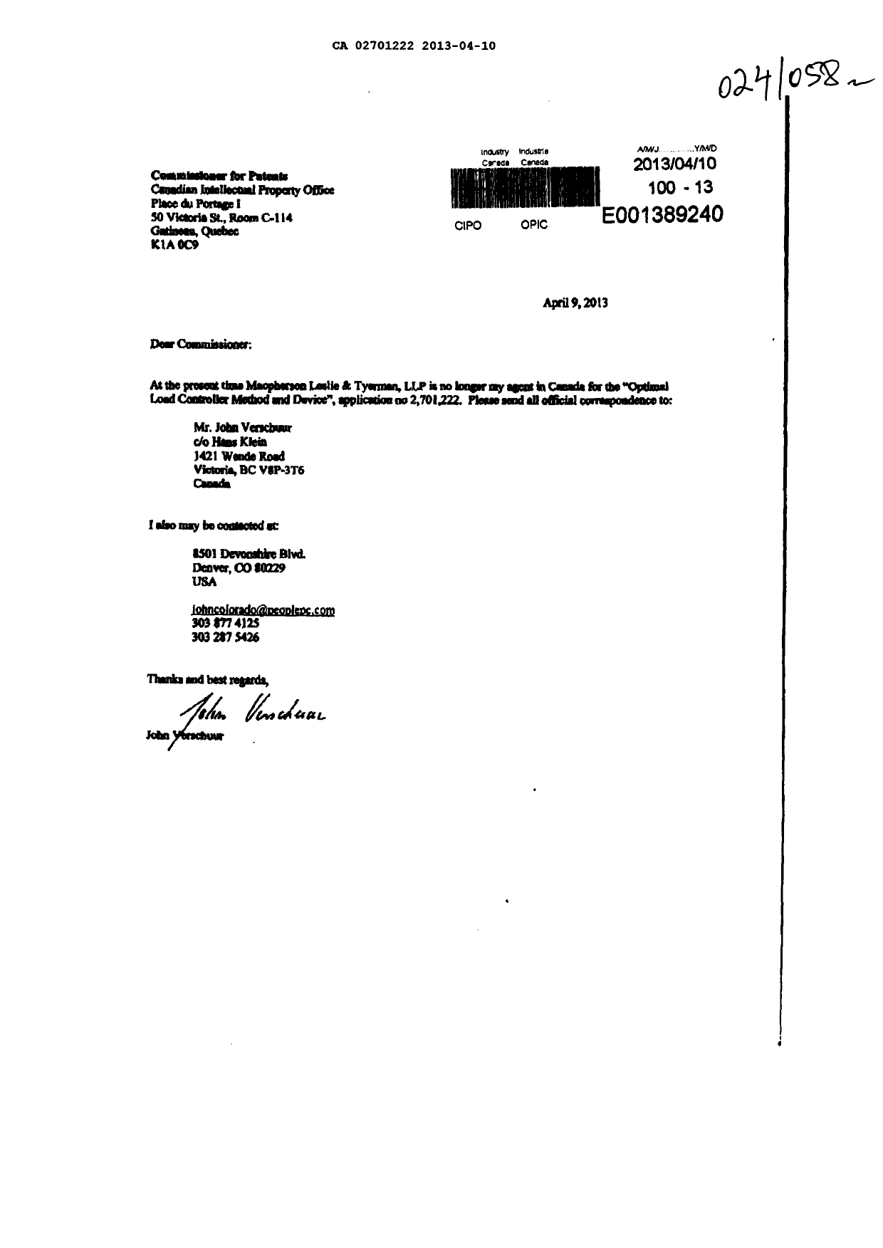 Canadian Patent Document 2701222. Correspondence 20121210. Image 1 of 1