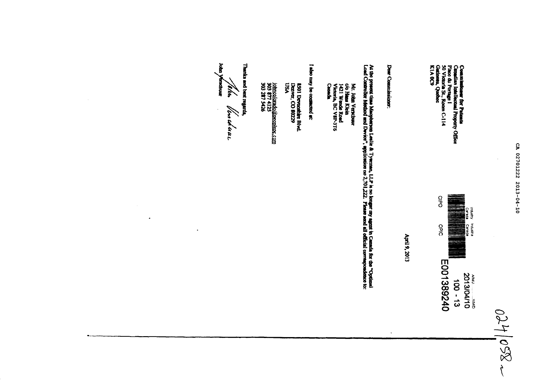Canadian Patent Document 2701222. Correspondence 20121210. Image 1 of 1