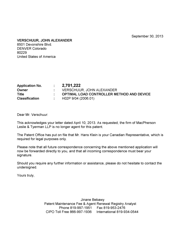 Document de brevet canadien 2701222. Correspondance 20121230. Image 1 de 1