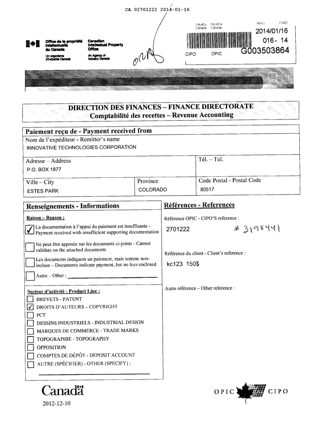 Document de brevet canadien 2701222. Correspondance 20131216. Image 1 de 1