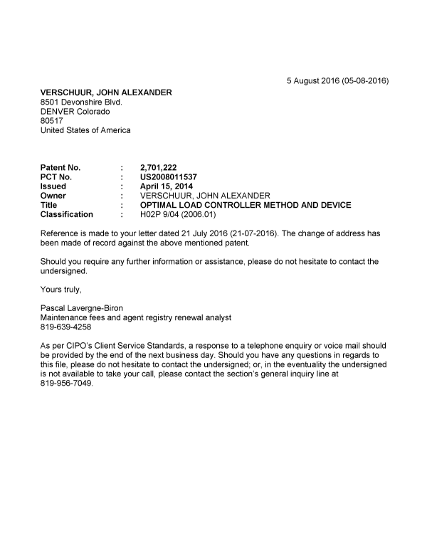 Document de brevet canadien 2701222. Correspondance 20151205. Image 1 de 1