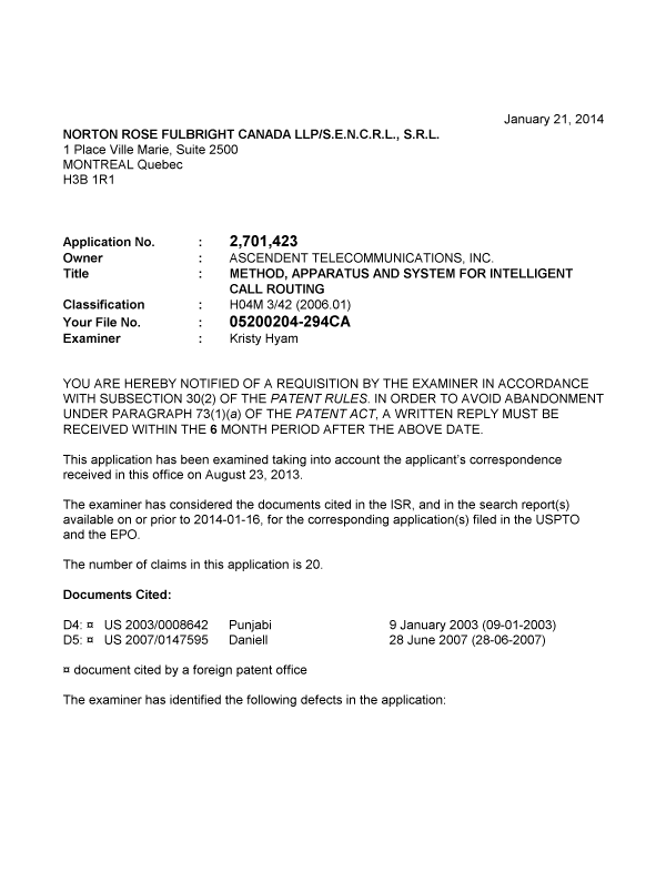 Document de brevet canadien 2701423. Poursuite-Amendment 20140121. Image 1 de 4