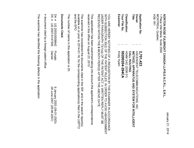 Canadian Patent Document 2701423. Prosecution-Amendment 20140121. Image 1 of 4