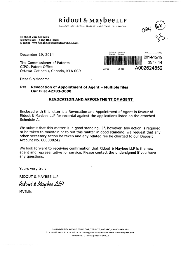 Document de brevet canadien 2701423. Correspondance 20141219. Image 1 de 5