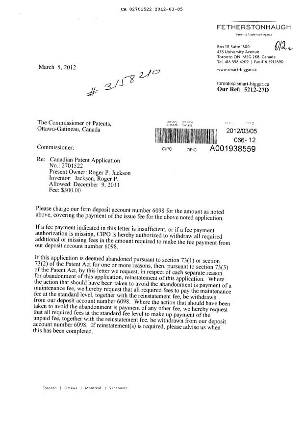 Canadian Patent Document 2701522. Correspondence 20120305. Image 1 of 2