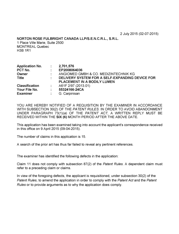 Document de brevet canadien 2701576. Demande d'examen 20150702. Image 1 de 3