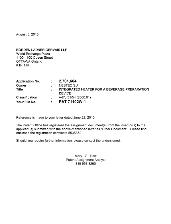Document de brevet canadien 2701664. Correspondance 20100805. Image 1 de 1