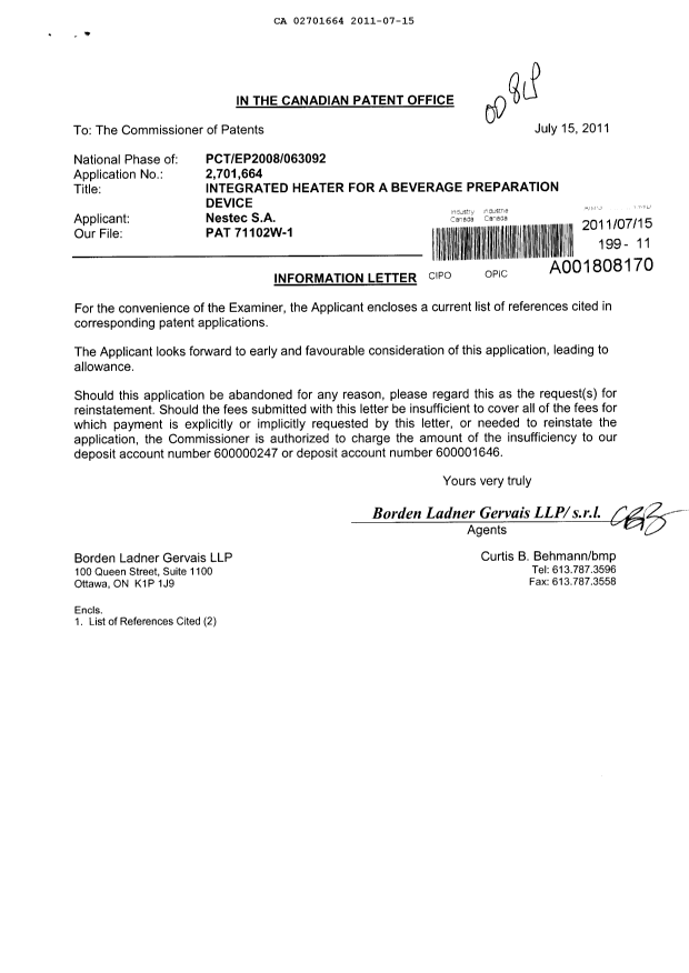Document de brevet canadien 2701664. Poursuite-Amendment 20110715. Image 1 de 1