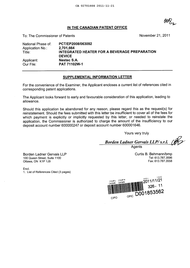 Document de brevet canadien 2701664. Poursuite-Amendment 20111121. Image 1 de 1