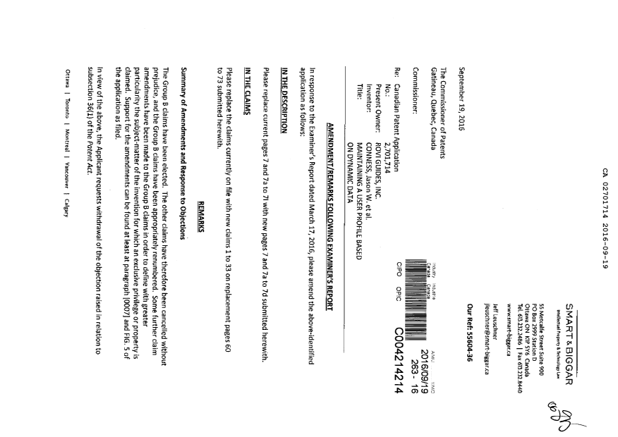 Document de brevet canadien 2701714. Modification 20160919. Image 1 de 22