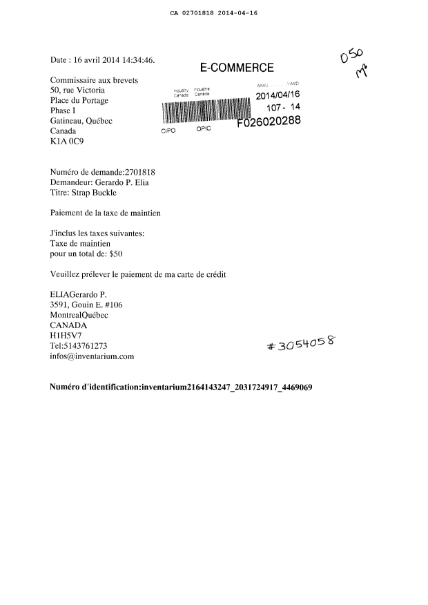 Document de brevet canadien 2701818. Taxes 20140416. Image 1 de 1