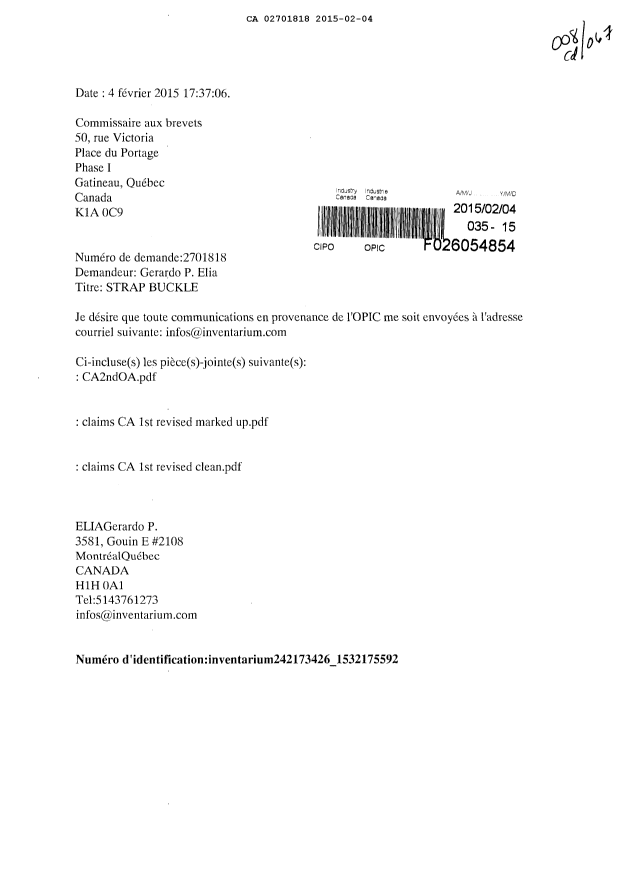 Document de brevet canadien 2701818. Correspondance 20141204. Image 1 de 1