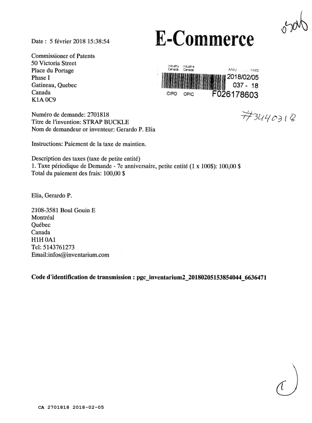 Document de brevet canadien 2701818. Paiement de taxe périodique 20180205. Image 1 de 1