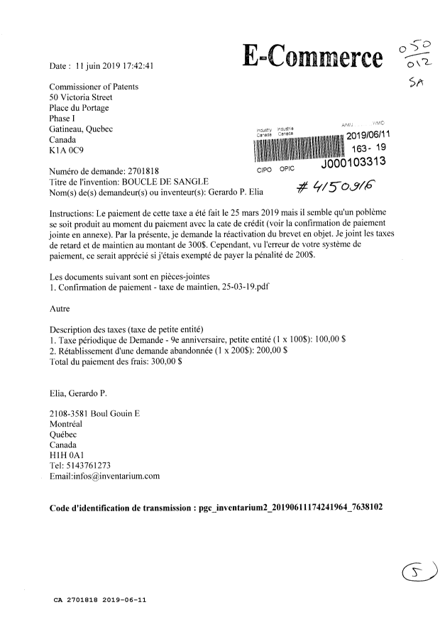 Document de brevet canadien 2701818. Correspondance 20181211. Image 1 de 5