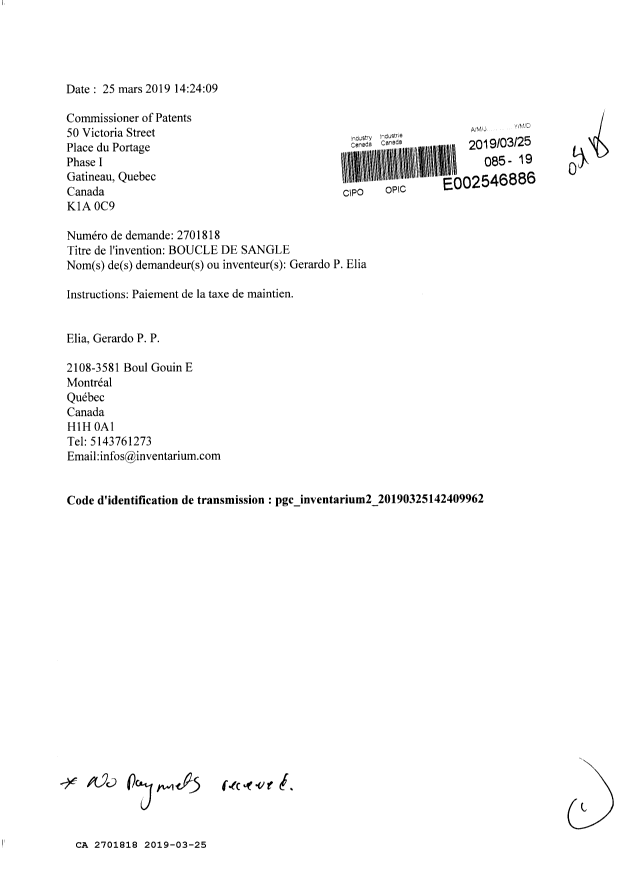 Document de brevet canadien 2701818. Correspondance 20181225. Image 1 de 1