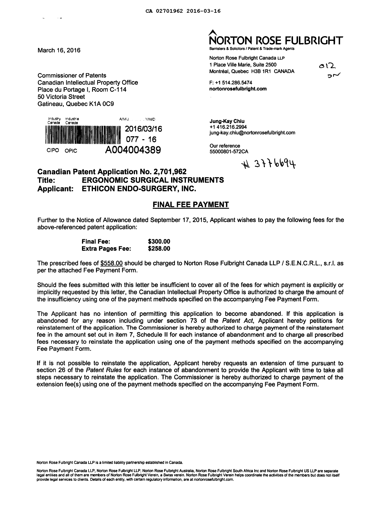 Canadian Patent Document 2701962. Correspondence 20160316. Image 1 of 2