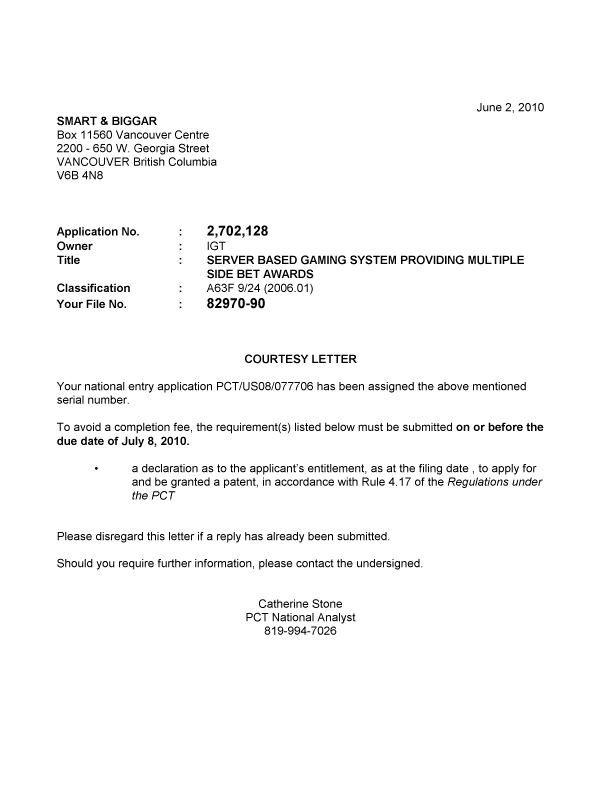 Document de brevet canadien 2702128. Correspondance 20091202. Image 1 de 1