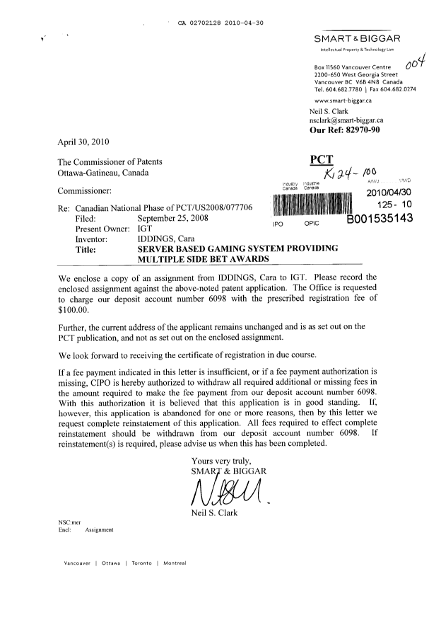 Document de brevet canadien 2702128. Cession 20100430. Image 1 de 3