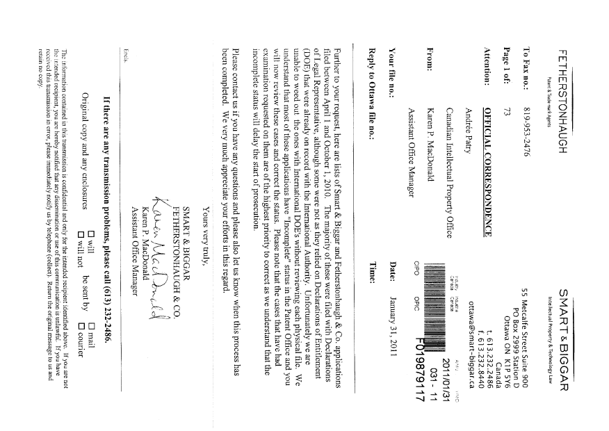 Document de brevet canadien 2702128. Correspondance 20101231. Image 1 de 2