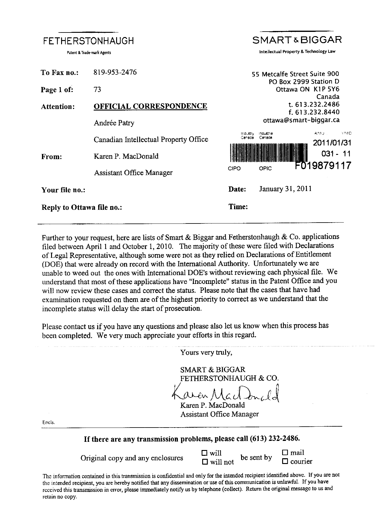 Document de brevet canadien 2702128. Correspondance 20101231. Image 1 de 2