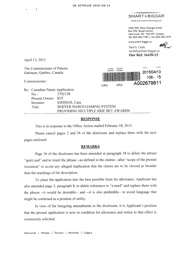 Document de brevet canadien 2702128. Poursuite-Amendment 20150413. Image 1 de 4