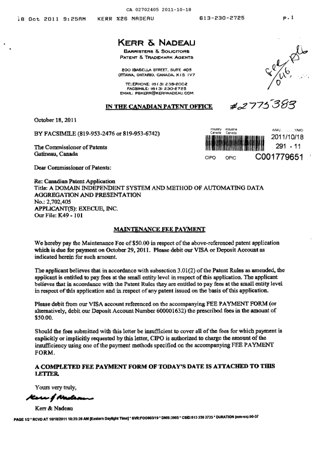 Document de brevet canadien 2702405. Correspondance 20111018. Image 1 de 1