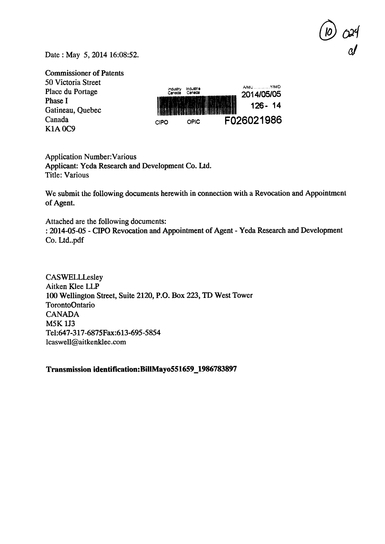 Document de brevet canadien 2702437. Correspondance 20131205. Image 1 de 4